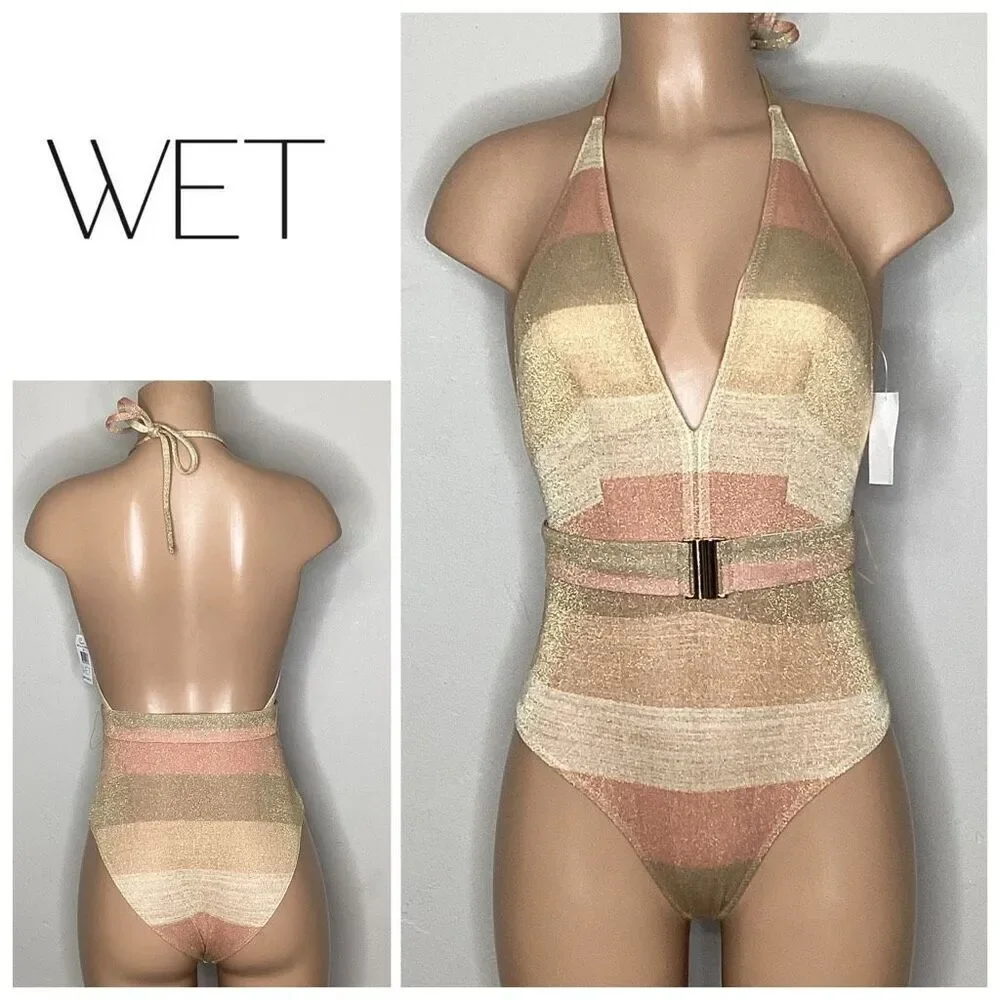 New. WET gold metallic swimsuit. Medium . Retails $208 - Picture 3 of 8